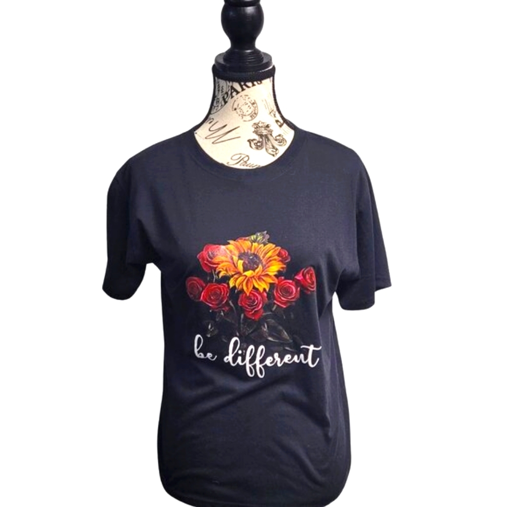 Lilicloth Black with Sunflower and Red Roses T-Shirt Be Different - NWOT